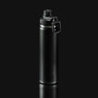 Schwarze VANYX Thermoflasche in Seitenansicht mit kleinem Waldmotiv am unteren Rand